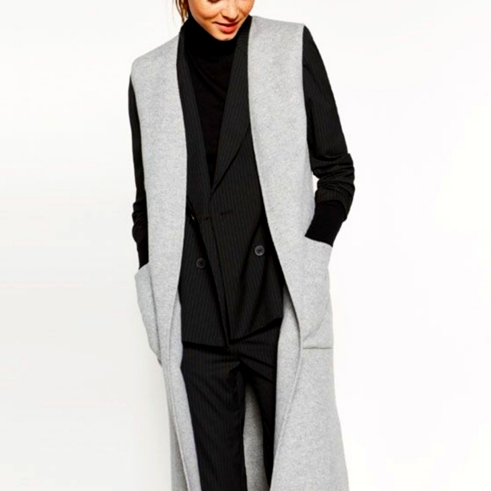 Zara Woman Hand made long line open front vest in gray. Sz. Medium